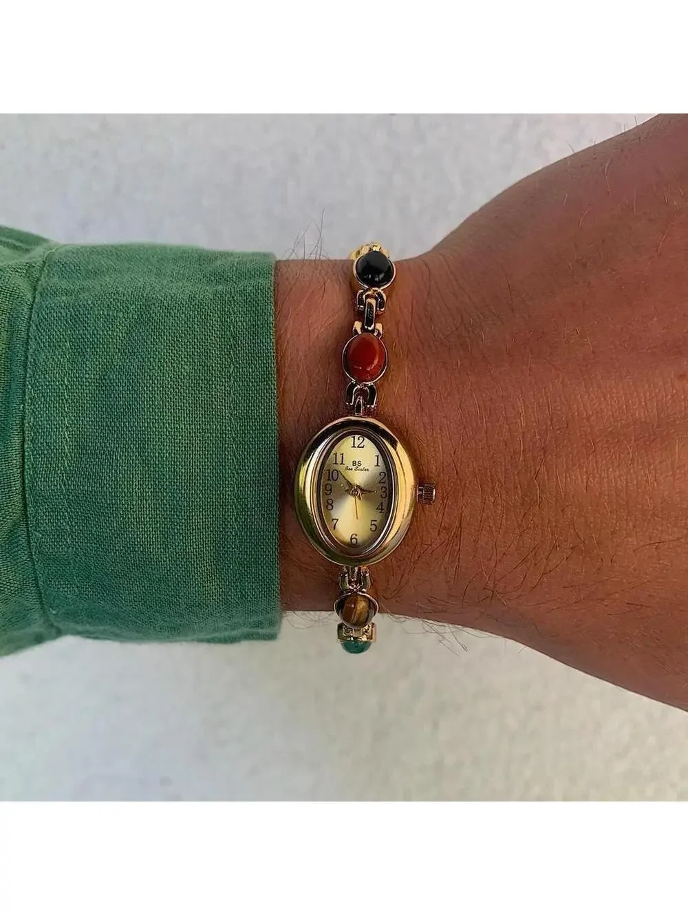 Indie Boho Gold style tone quartz watch with glass multicolored jade stone opal